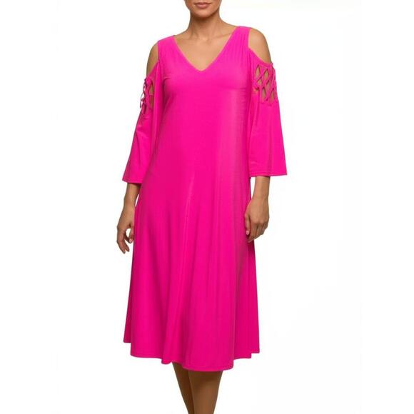 Lily Lane Dress Womens Size M Hot Pink Cold Shoulder Midi Woven Detail Vibrant - Picture 1 of 6